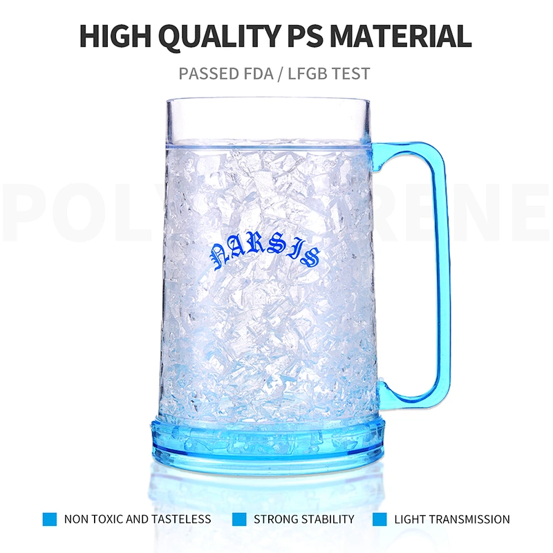 HT01 LFGB 16OZ promotional double wall crystal plastic freezer mug with gel for cool beverage from factory