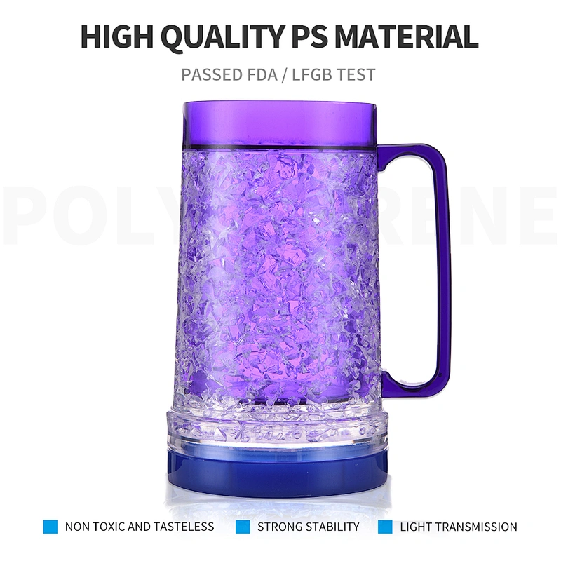 BPA Free FDA/LFGB Audit 16 OZ Double Wall Gel Frosty Freezer Beer Mug with Led