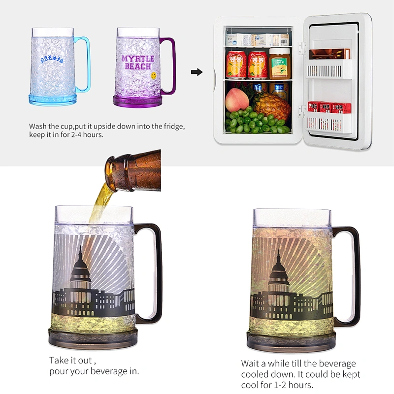 HT01 LFGB 16OZ promotional double wall crystal plastic freezer mug with gel for cool beverage from factory