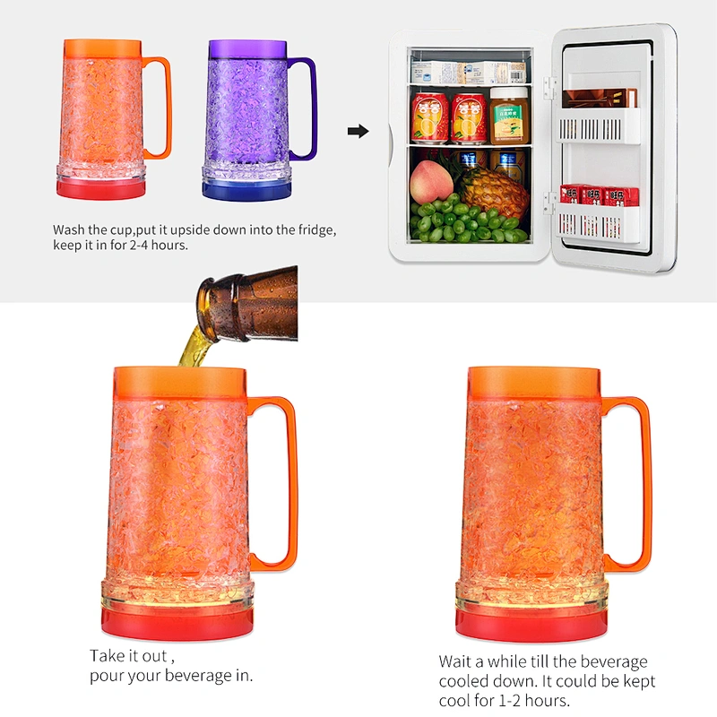 BPA Free FDA/LFGB Audit 16 OZ Double Wall Gel Frosty Freezer Beer Mug with Led