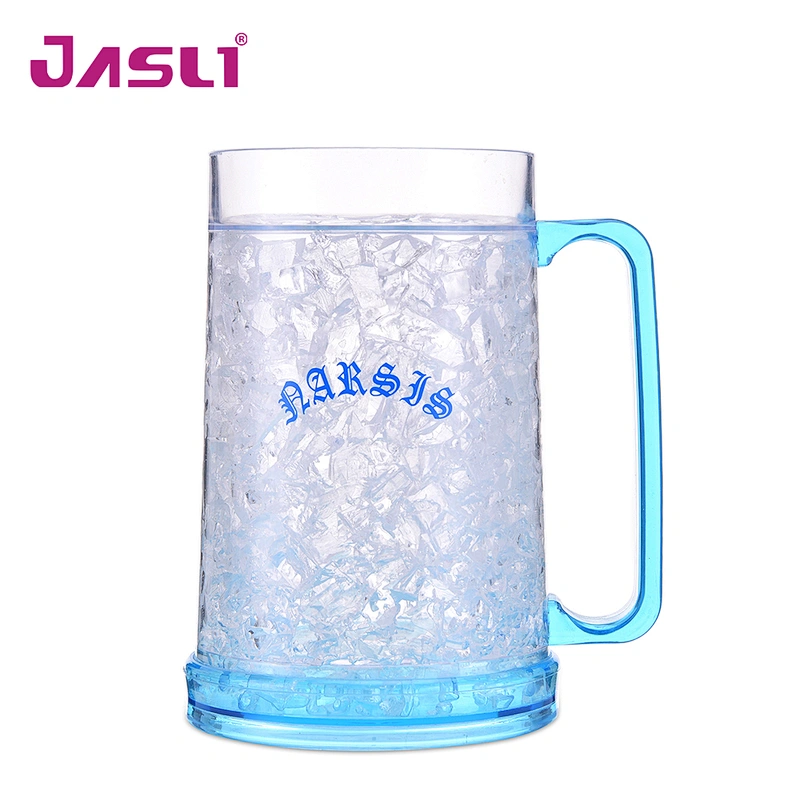 HT01 LFGB 16OZ promotional double wall crystal plastic freezer mug with gel for cool beverage from factory