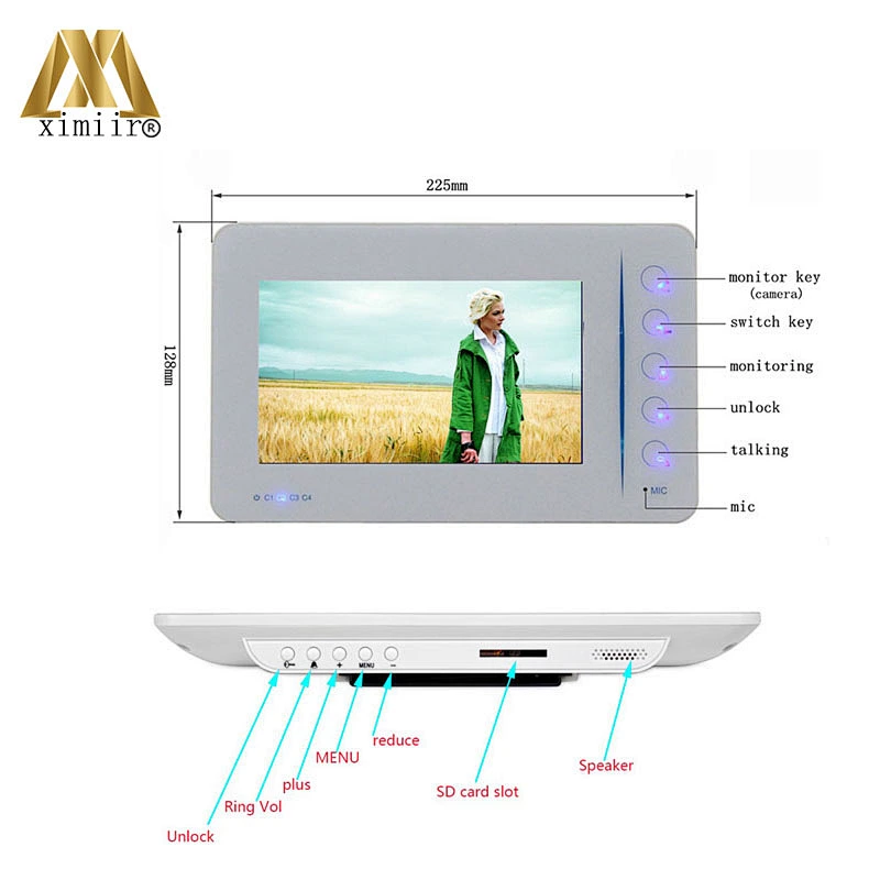 807M11 7 Inch Color Screen Video Doorphone Door Bell Speakerphone Intercom System 1 Monitor 420Tvl COMS Camera