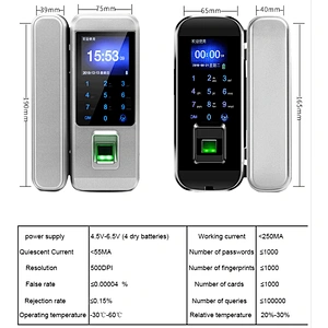 XM-100 Glass Door Lock with Card Password Access Control TFT Screen Smart Keyless Fingerprint Password Biometric Door Lock
