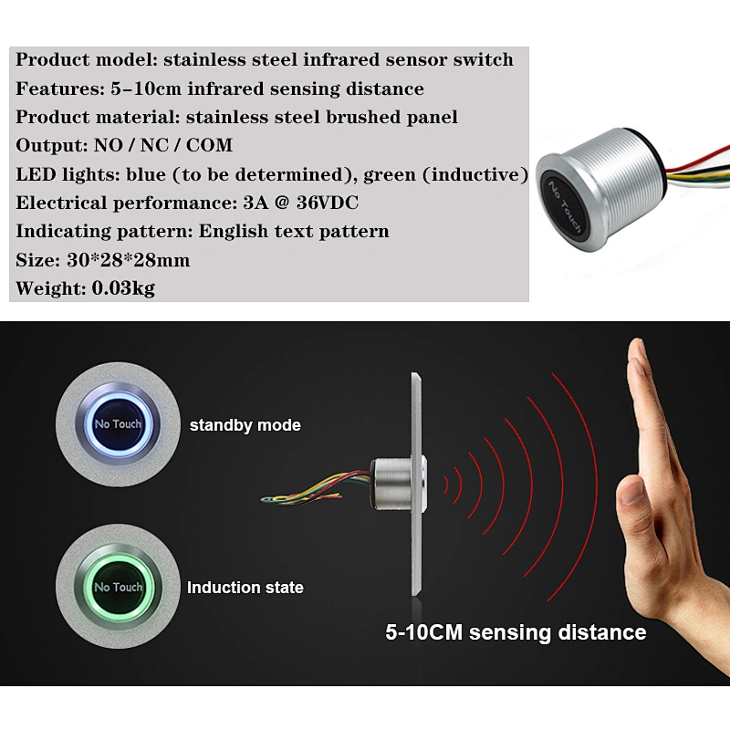 Infrared Sensor Switch No Touch Contactless Switches Door Release Exit Button with LED Indication 304 Stainless Steel