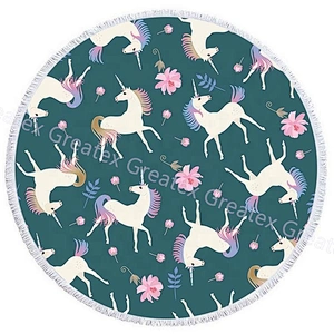 2020 New product Unicorn printing microfiber round beach towel with tassels