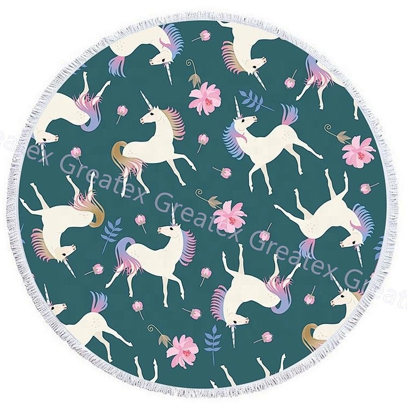 2020 New product Unicorn printing microfiber round beach towel with tassels