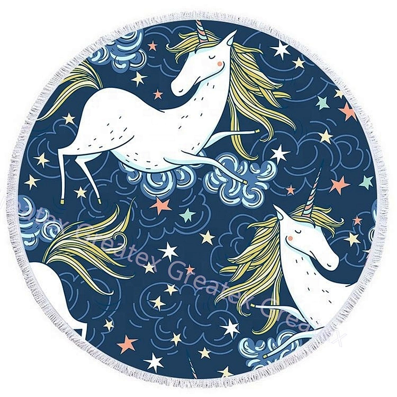 2020 New product Unicorn printing microfiber round beach towel with tassels