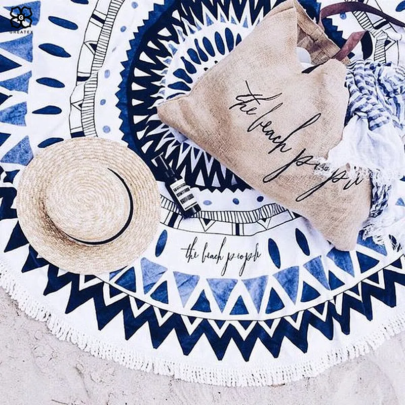 2020 Hot sell round seaside holiday microfiber beach towel with printed design