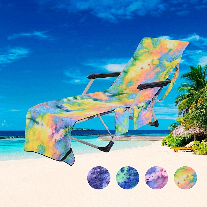 Pool Chair Towel with Side Pockets,Tie-Dye Yellow,Microfiber Chaise Lounge Towel Cover for  Beach