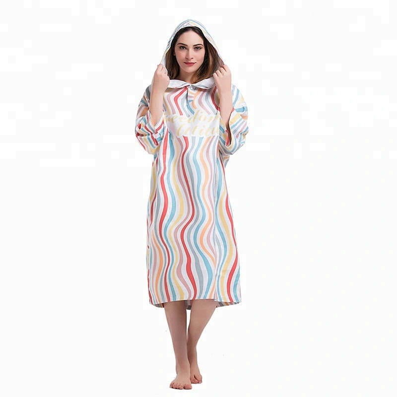 Hooded toweling Adult printed stripe poncho