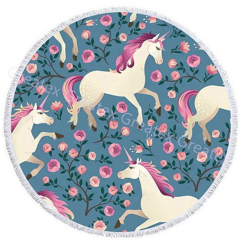 2020 New product Unicorn printing microfiber round beach towel with tassels