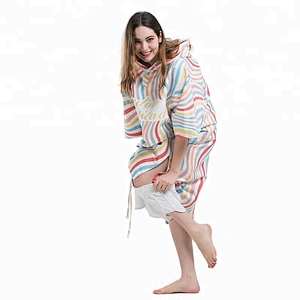 Hooded toweling Adult printed stripe poncho
