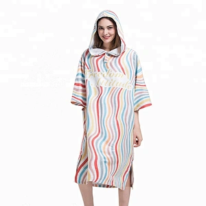 Hooded toweling Adult printed stripe poncho