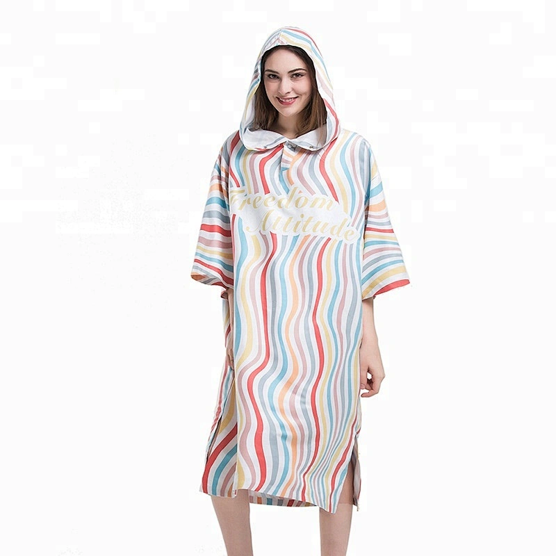 Hooded toweling Adult printed stripe poncho