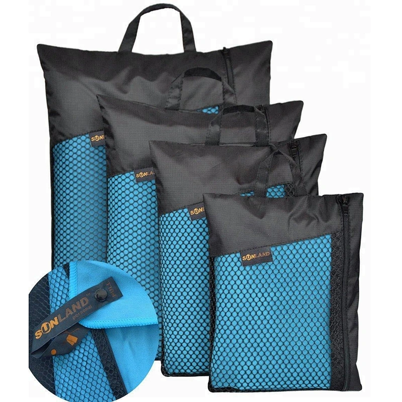 Adults blue microfiber suede fabric sport towel with bag for promotional
