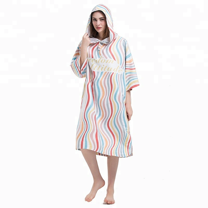 Hooded toweling Adult printed stripe poncho