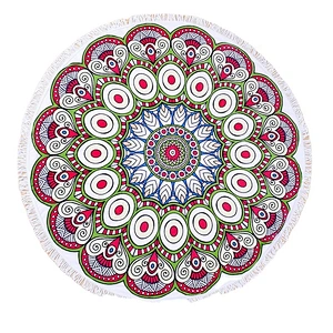 Customized design 100% microfiber suede printing round beach towel with tassel