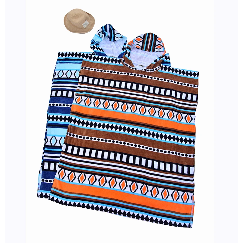 Wholesale 100%cotton stripe printed hooded poncho towel for adults