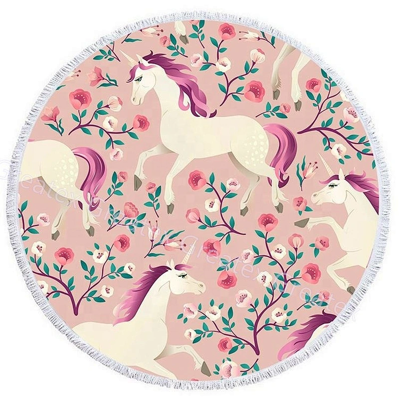 2020 New product Unicorn printing microfiber round beach towel with tassels