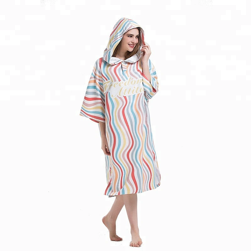 Hooded toweling Adult printed stripe poncho