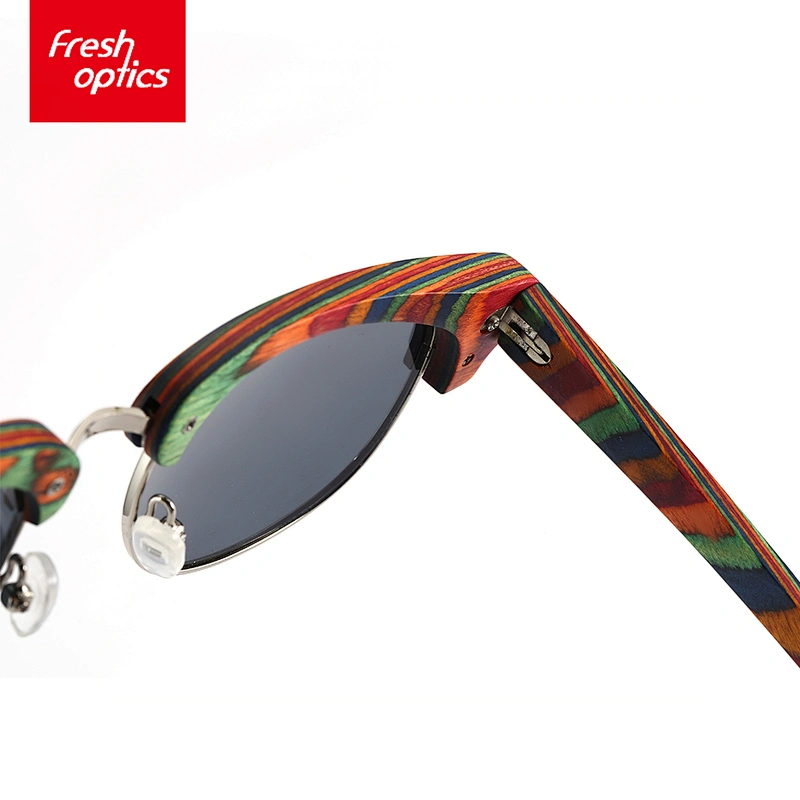 6W008 Colorful Fashion Wooden Sunglasses With Half Metal Frame