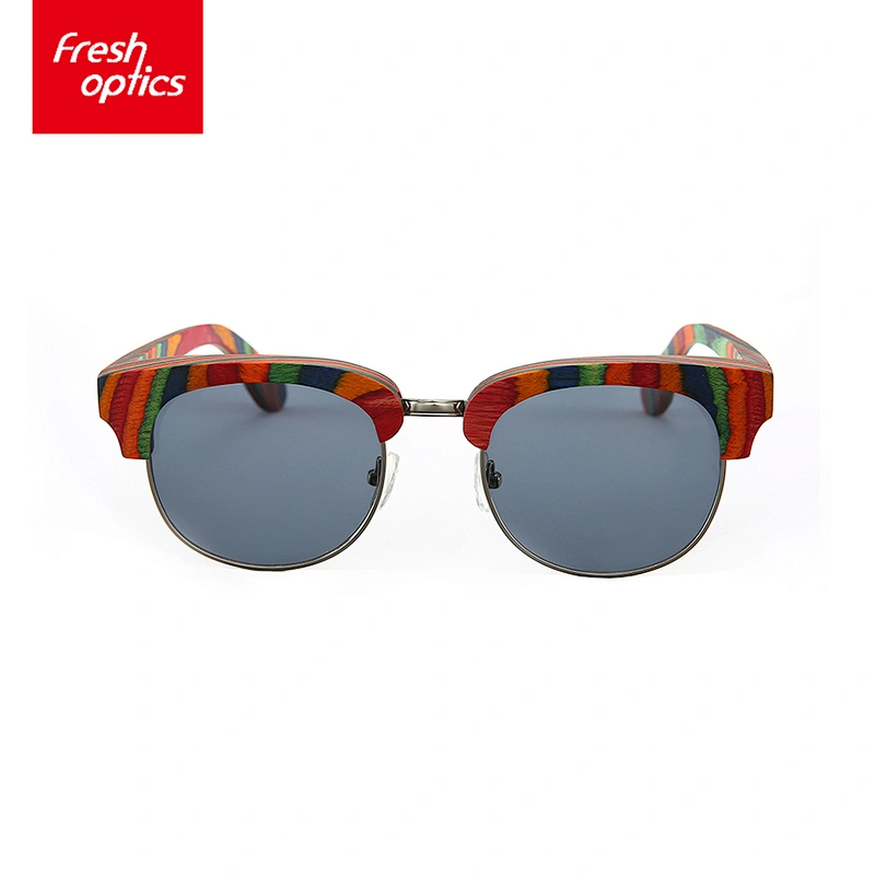 6W008 Colorful Fashion Wooden Sunglasses With Half Metal Frame