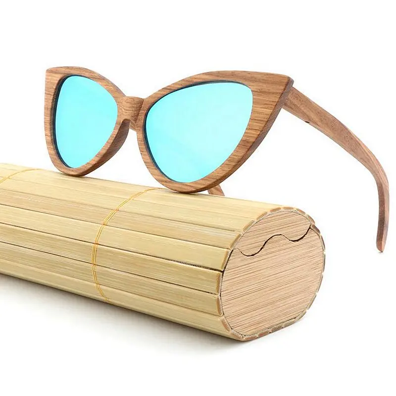 Hot sale fashion cat eye wood sunglasses custom logo printed Zebra Wood Sun Glasses 2019