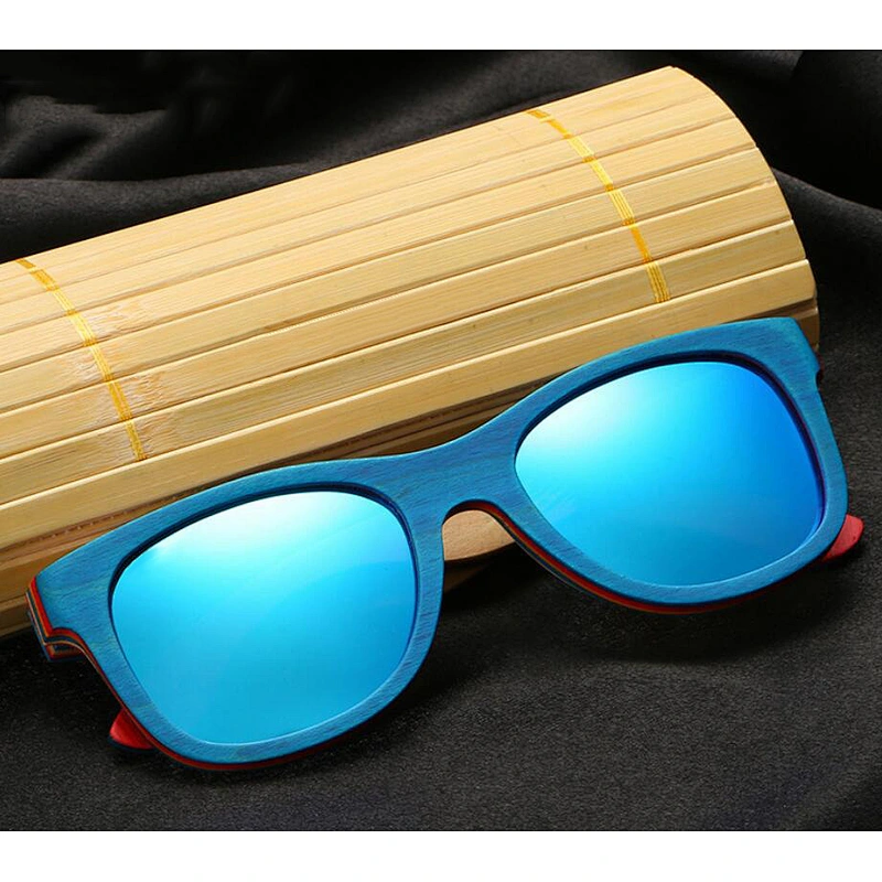 handmade unisex blue polarized skateboard wood bamboo sunglasses frames