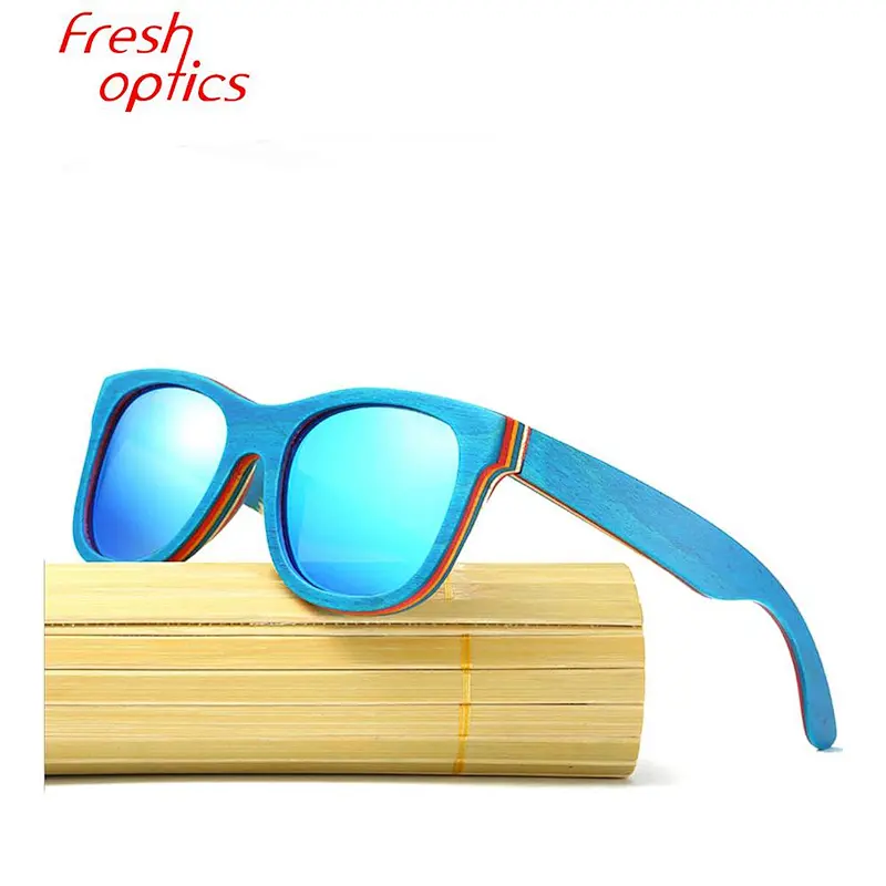 handmade unisex blue polarized skateboard wood bamboo sunglasses frames