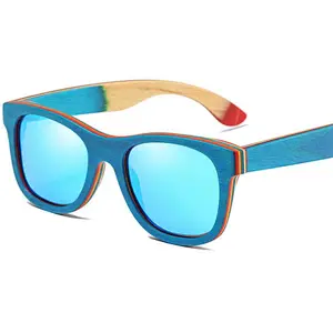 handmade unisex blue polarized skateboard wood bamboo sunglasses frames