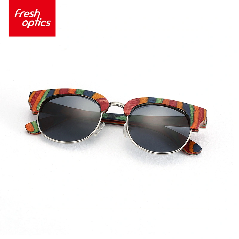 6W008 Colorful Fashion Wooden Sunglasses With Half Metal Frame
