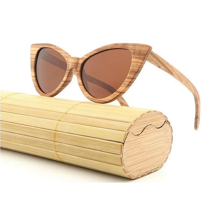 Hot sale fashion cat eye wood sunglasses custom logo printed Zebra Wood Sun Glasses 2019