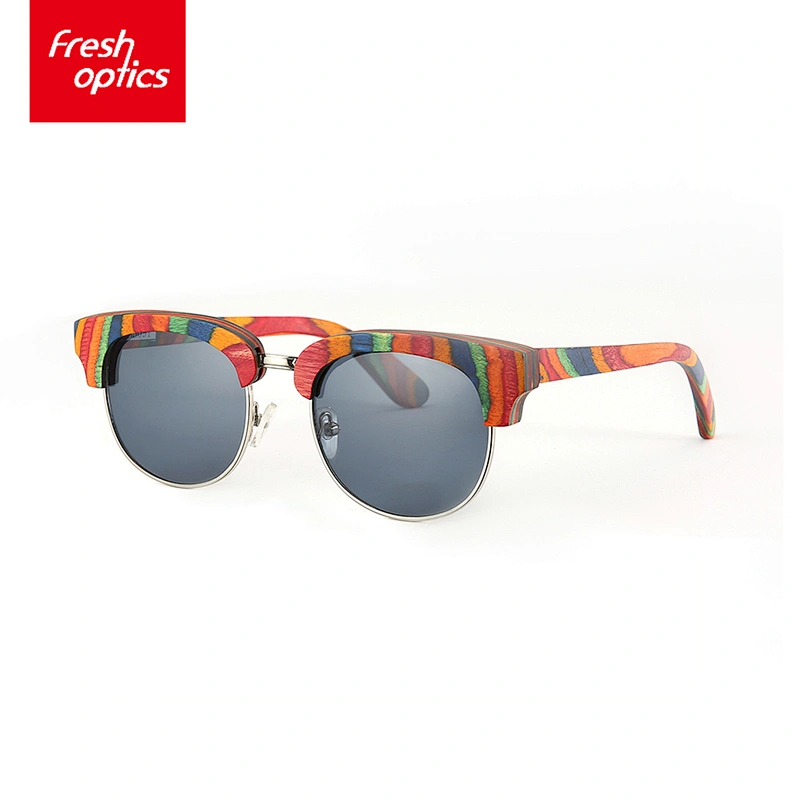 6W008 Colorful Fashion Wooden Sunglasses With Half Metal Frame