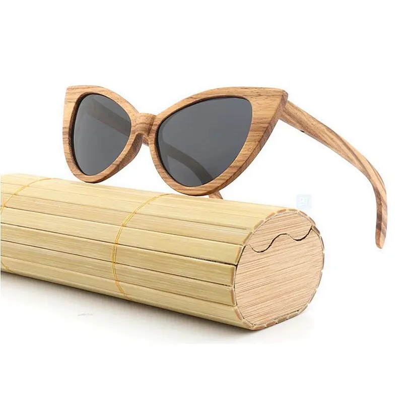 Hot sale fashion cat eye wood sunglasses custom logo printed Zebra Wood Sun Glasses 2019