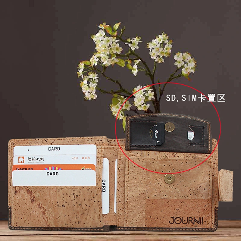 Boshiho Eco friendly cork fabric sim card holder with coin purse slim wallet