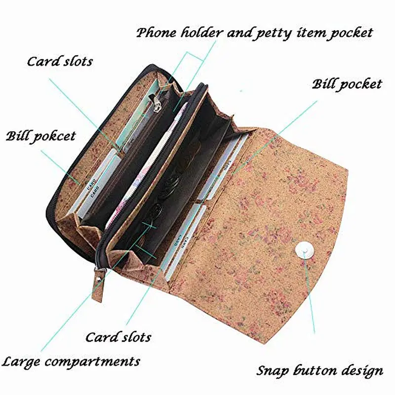 Boshiho Eco friendly large capacity cork wallet phone clutch purse