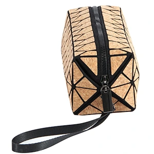 Boshiho fashion diamond lattice eco-friendly cork cosmetic bag customized make-up handbag geometric lattice phone purse wristlet