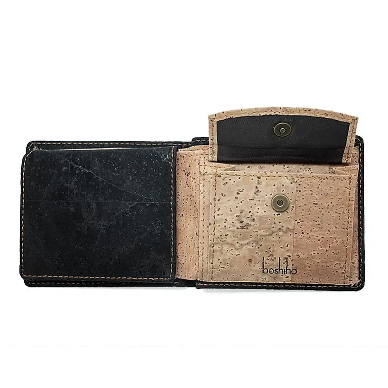 Boshiho Black Slim RFID Blocking function Natural Cork Fabric Eco-friendly for high quality vegan cork purses