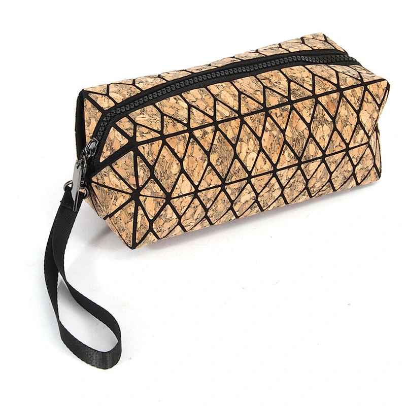 Boshiho fashion diamond lattice eco-friendly cork cosmetic bag customized make-up handbag geometric lattice phone purse wristlet