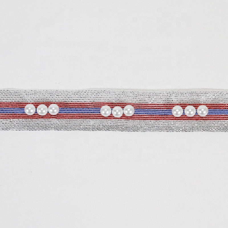 Fashion Silver Thread Mesh White Crystal Bridal Lace Pearl Bead Trim For Garment