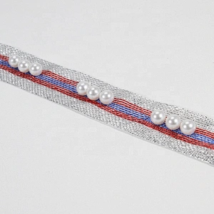 Fashion Silver Thread Mesh White Crystal Bridal Lace Pearl Bead Trim For Garment