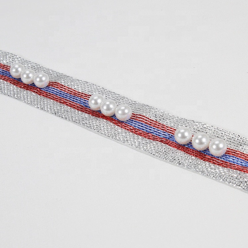 Fashion Silver Thread Mesh White Crystal Bridal Lace Pearl Bead Trim For Garment