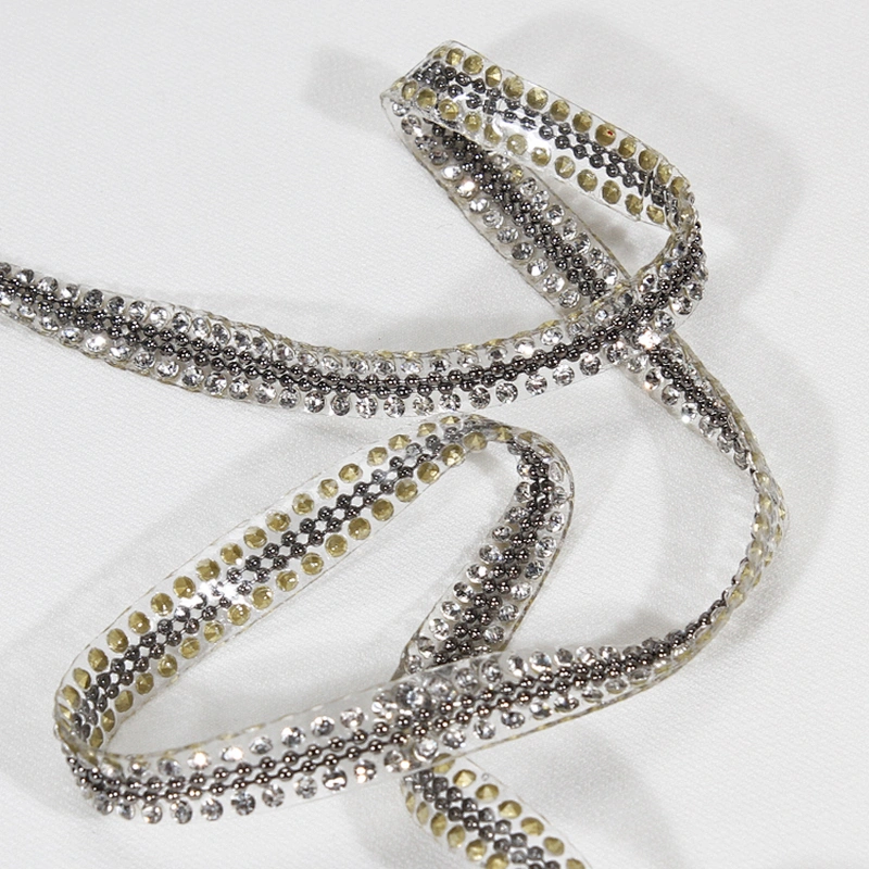 Rhinestone Beaded Hot Fix Transfer Lace Trim Ribbon with Two Metal Chains