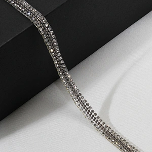 Rhinestone Beaded Hot Fix Transfer Lace Trim Ribbon with Two Metal Chains