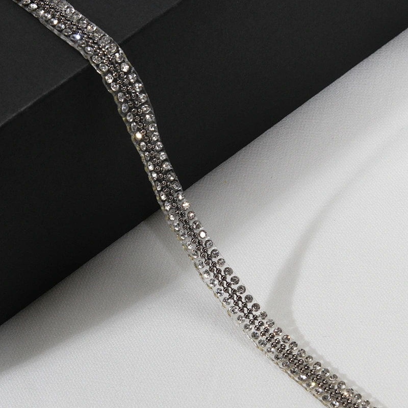 Rhinestone Beaded Hot Fix Transfer Lace Trim Ribbon with Two Metal Chains