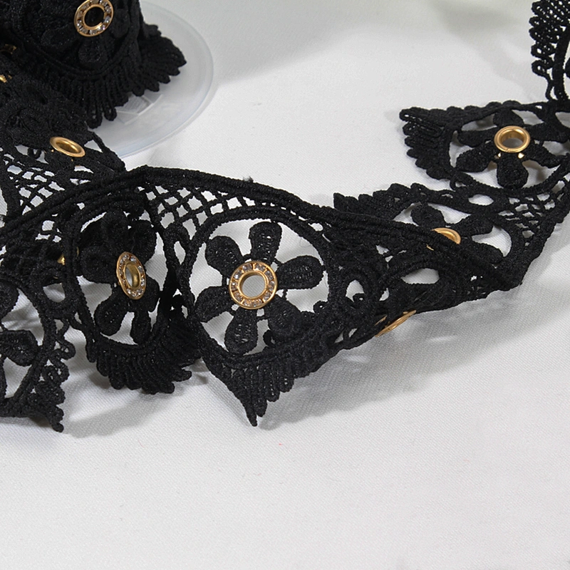 Unique polyester flower lace trim rhinestone gold eyelet knitting eyelet lace
