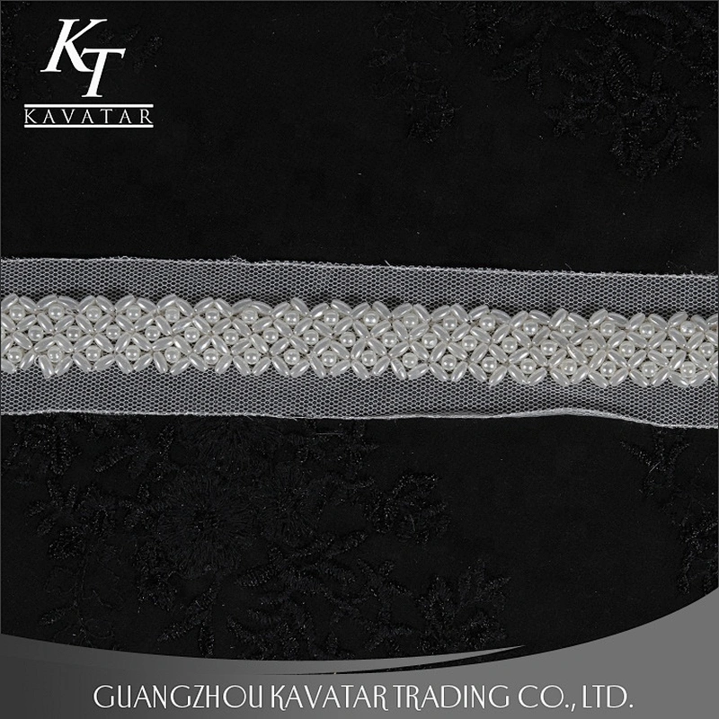 White Beaded Pearl Embroidery Lace Trimming For Wedding Dress