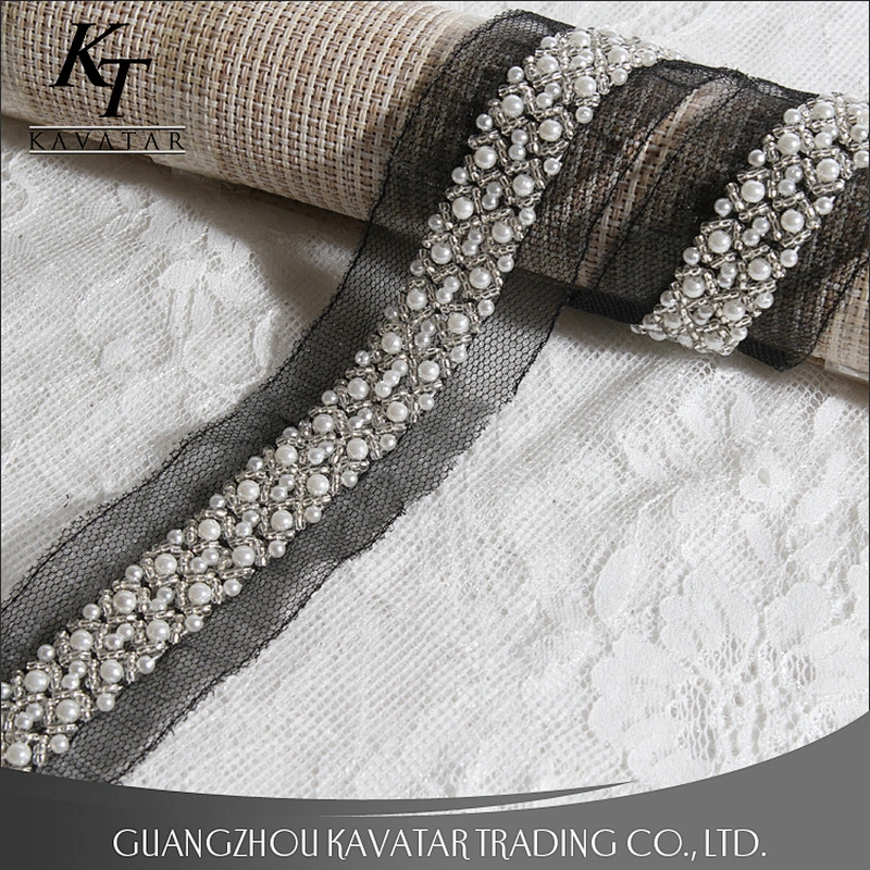 Beautiful White Beaded Lace Black Mesh Design Lace Trim For Decorative Wedding Dress