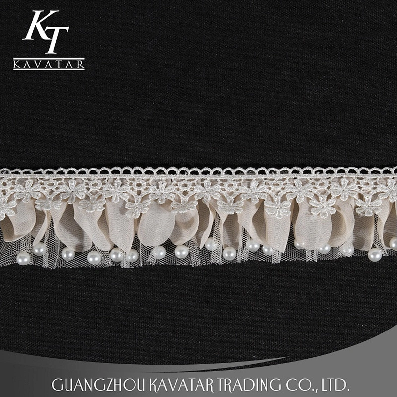 Pleated Lace Trim, Ruffle Trim, Pearl Lace Trim for Bridal Gowns Lace
