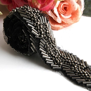 Fashion black color handmade pearl beaded rhinestoneslace trim designs sewing on garments